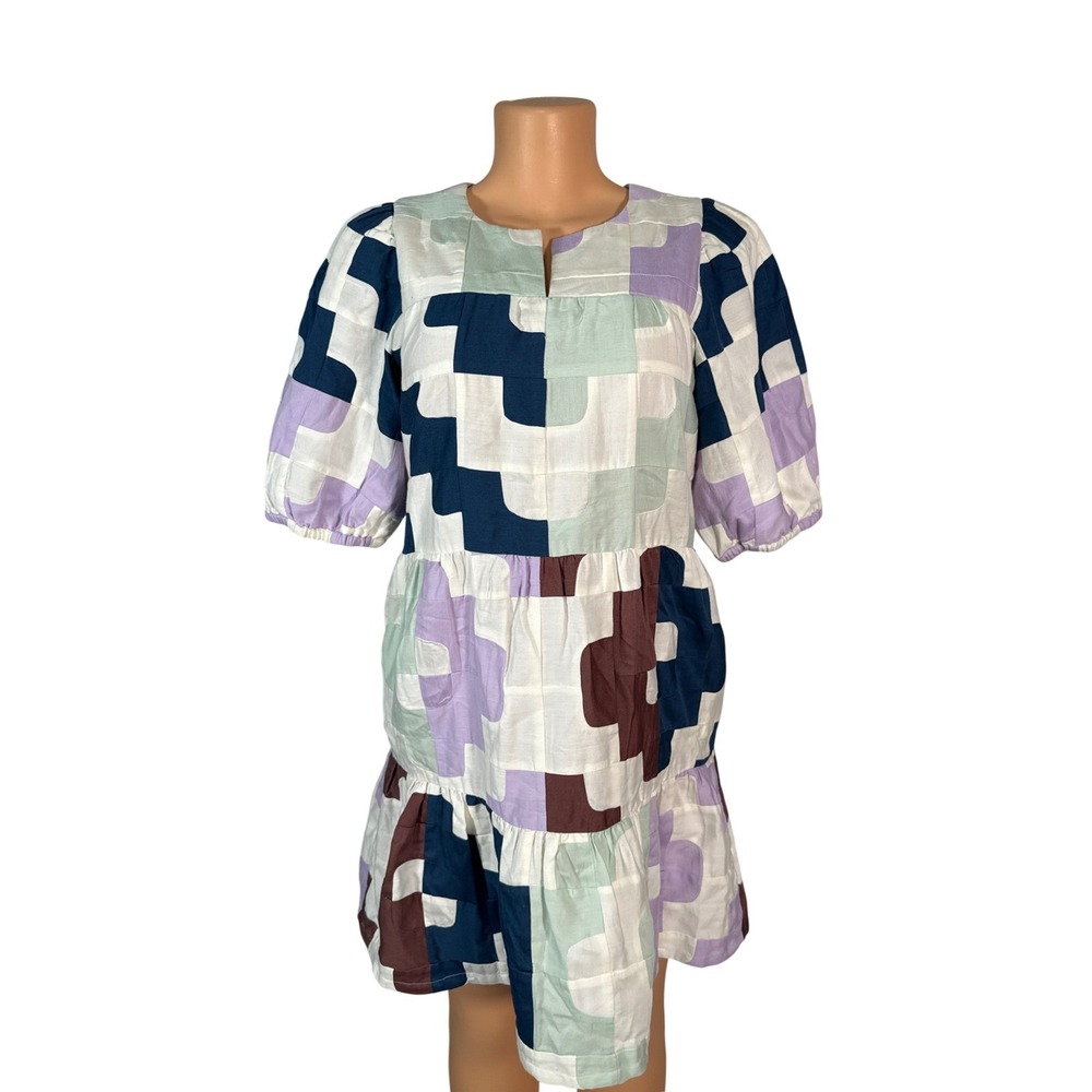 Sea New York Cari Patchwork Puff Slv Dress Kids 12Y Multi New SS23-904 Cotton